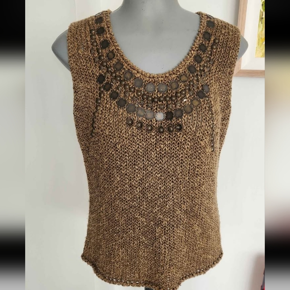 Embellished Brown Sleeveless Knit Tank Top